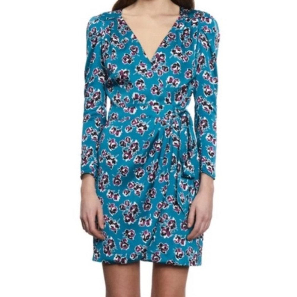 The Kooples Teal Rock Roses Long Sleeve wrap Dress Euro size 1